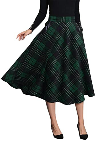 Midi Plaid Skirts for Women Fall Winter A Line Pleated Maxi Skirt 2GNM