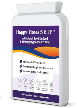 Happy Times Double Strength 5-HTP Supplement (200mg) Amino Acid 5 Hydroxytryptophan -Serotonin Melatonin Happiness Hormone Precursor Natural Griffonia Seed Extract Herbal Healthy Sleeping