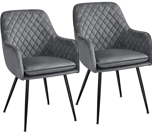 Yaheetech Dining Chairs Set of 2 Kitchen Chairs Velvet Upholstered Armchair Stylish Accent Chairs with Metal Legs Padded Seat for Dining Room, Living Room, Kitchen, Lounge, Grey