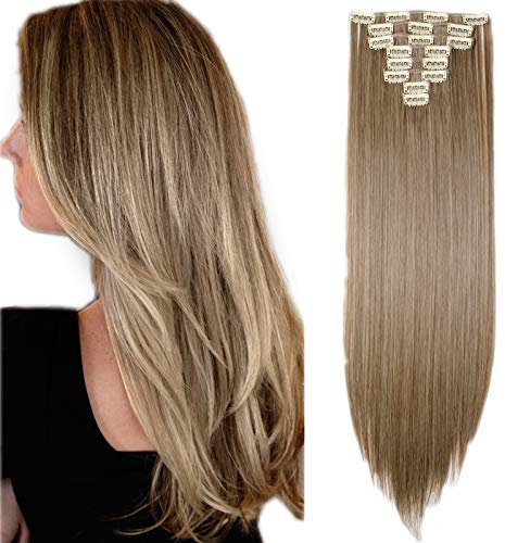 SEGO Clip in Extensions Haarverlängerung Haarteil 8 Tresssen wie Echthaar glatt Aschbraun Mix Bleichblond-1 58 cm