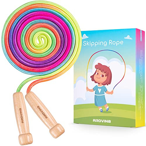 Arovina Springseil für Kinder - 2.5M Verstellbarer Holzgriff, 7 Farben Regenbogen für Jungen & Mädchen, Outdoor Übungen, Ideal für Geburtstag Kindertag