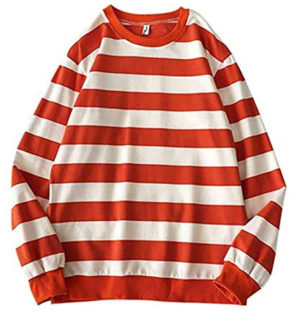 HZMM Casual Stripe Cotton Long Sleeve Tops Men's Autumn Winter Oversized Sweatshirt Round Neck Pullover Printed Blouse Tee Shirts Orange