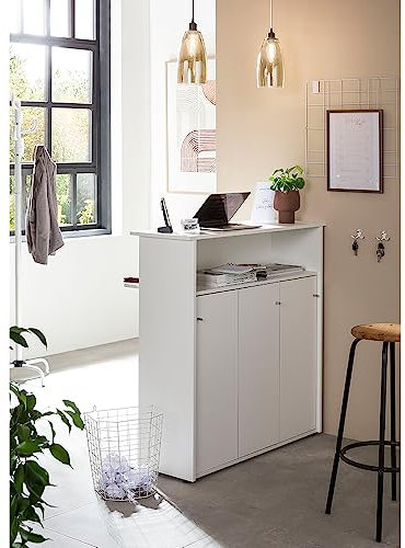 Lomadox Moderne Empfangstheke mit offenem Fach in weiß, Empfang, Empfangstresen, Theke, Büro, Möbel, Holz, B/H/T: ca. 10,6/118/37,5 cm