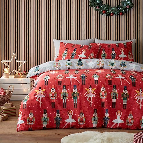 Fusion - Nutcracker & Ballerina Duvet Cover - Double Bedding Size (200 x 200cm) - Reversible Colours - 2x Pillowcases - Nutcracker Solider & Ballet Dancer Duvet Cover - Christmas Bedding in Red/Grey
