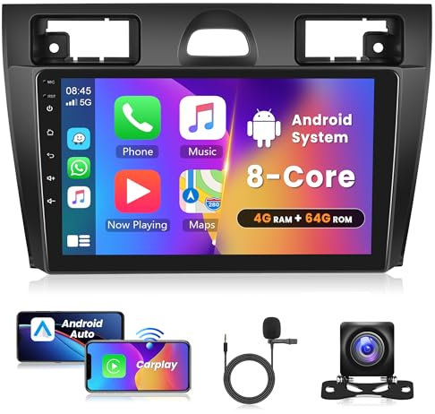 8 Core 4G+64G Android 13 Autoradio 2 Din für Ford Fiesta Mk5 2002-2008 mit Apple Carplay Android Auto GPS Navi WiFi 9 Zoll Autoradio mit Bluetooth Mirror Link FM/RDS/DAB+/OBD/DVR/SWC Rückfahrkamera