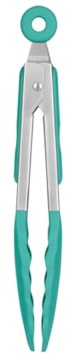 250℃ Heat Resistant Kitchen Tongs: U-Taste 18cm Silicone Cooking Tong with Firm Sealed Non Stick Silicone Tips & Silicone Coated 18/8 Stainless Steel Handle & Smooth Locking for Serving (Aqua Sky)