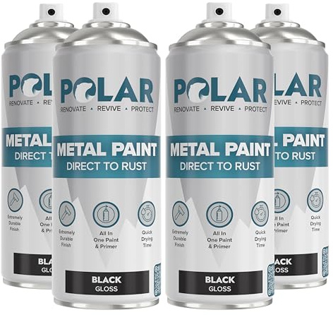 Polar Direct to Rust Metal Spray Paint - Durable All-in-One Paint & Primer - For Outdoor & Indoor - Corrosion Resistant, Tough Protection - Metal Primer - Gloss Black - 4 x 400ml