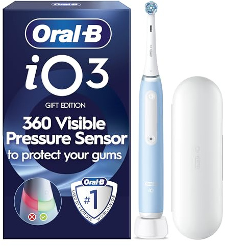 Oral-B iO 3 Ice Blue Electric Toothbrush, 1 Toothbrush Head, 1 Travel Case, Designed by Braun