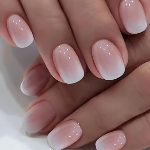 24 Stück Eckig Nägel Zum Aufkleben, Hellrosa Farbverlauf Französische Künstliche Nägel Kurz Press on Nails mit Nagelkleber Aufkleber, Square Falsche Nägel Fingernägel zum Aufkleben für Frauen