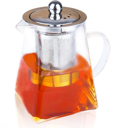 Spring Chef 750ml/25.36oz Square Glass Tea Pot with Infuser, Heat-Resistant Borosilicate Glass Teapot with Strainer, Removable Infuser Tea Pot Handmade