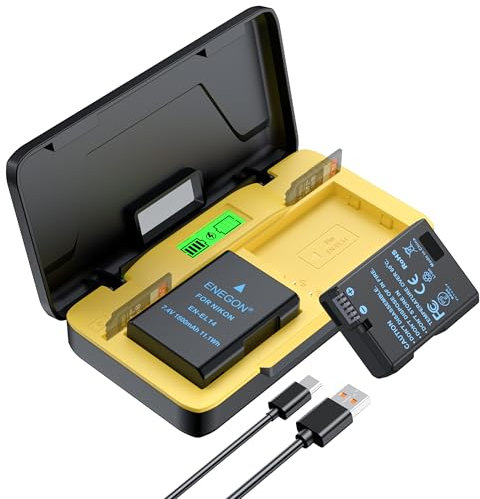 ENEGON EN-EL14 20W Caricabatterie Rapido a Doppia Batteria con Custodia (2x 1680mAh) Compatibile con Nikon D3100, D3200, D3300, D3400, D3500, D5100, D5200, D5300, D5500, D5600, Display LCD