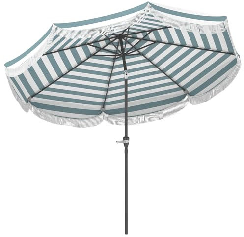Outsunny Parasol de jardin extérieur parasol inclinable rond Ø2,7 x 2,4 m parasol droit avec ouverture fermeture manivelle, franges, toile 180 g/m² protection UPF 30+, pour balcon, terrasse, bleu
