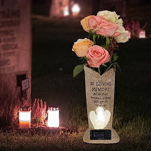 HUYIENO Solar Memorial Cemetery Flower Vase with LED for Fresh/Artificial Cemetery Grave Decorations Angel Statue with Spikes Gravestone Decor