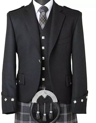 Bingo Sale Elegant Scottish Argyle Kilt Jacket & Waistcoat – Premium Serge Wool Highland Wear (UK, Numeric, 46, Regular, Regular, Black)