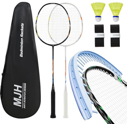MANJHONG Badminton Set mit 2 Graphit Schläger - Kratzfestes Design - Federball Set für Erwachsene Incl. Federbälle, Griffbänder & Schlägertasche (Schwarz+Weiss)