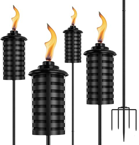 SSNEWOG 4 Pack Citronella Torches for Outside, 16 Oz Outdoor Garden Torch with 5-Prong Grounded Stake, 59 Inch Metal Torch for Home Décor, Outside Torches for Backyard, Garden, Patio