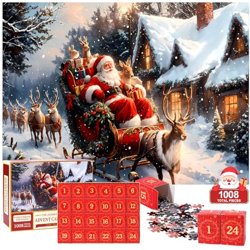 Puzzle Adventskalender 2025,1008 Teile 24 Tage Weihnachtskalender Countdown Puzzles,Weihnachtsmann Puzzle,Countdown Kalender Weihnachts Geschenke für Jungen,Mädchen,Erwachsene