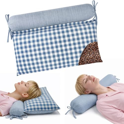 Weysat 2 in 1 Adjustable Buckwheat Hull Pillow 16.9 x 13.4 x 2 Inches Detachable Neck Pillows for Ergonomic Cervical Support, Multifunctional Pillows for Side Back and Sleeper, Blue