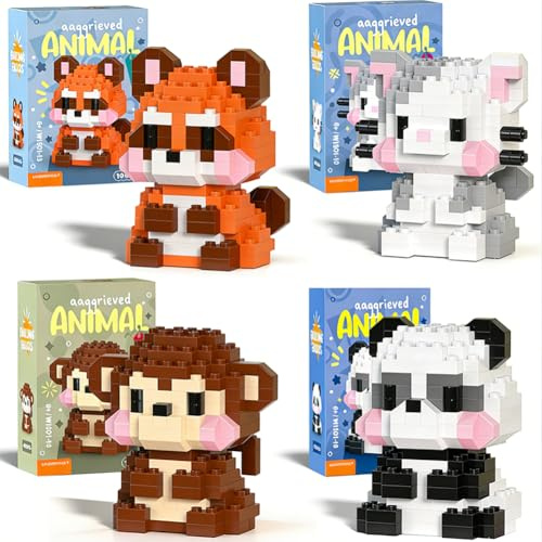 KMFASVX Panda Animal Building Block, 4 PCS Cute Animal Building Blocks Set DIY Micro 3D Building Toy Particle Puzzle Building Toys Gifts for Boys Girls Age 8 9 10 11 12 13 14+ Teens Adults