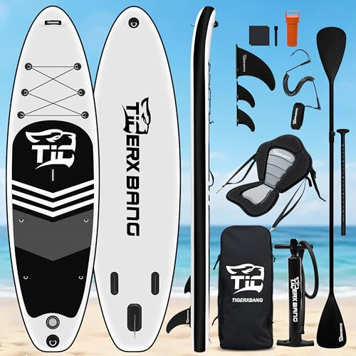 TIGERXBANG Stand Up Paddle Board aufblasbar für Erwachsene und Jugendliche, 320×82×15 cm Allround Sup mit Kajaksitz, verstellbarem Doppelpaddel, Sicherheitsleine und Rucksack