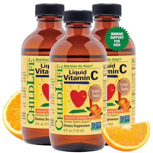 CHILDLIFE ESSENTIALS Liquid Vitamin C - Pure Vitamin C Liquid Supplement for Kids, Immune System Support, Great Taste - Natural Orange Flavor, 4 Fl Oz (Pack of 3)
