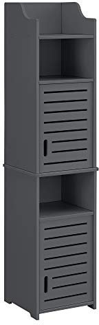 [en.casa] Badezimmerschrank Mora 135x32x32cm Dunkelgrau Hochschrank WPC Badkommode mit 3 Ablagen und Tür Badregal