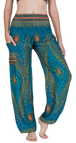 CHAINUPON Harem Trousers Women Boho Loose Yoga Pants Casual Bohemian Hippie Lounge Elephant Pyjamas Bottoms (S-M, Turquoise Blue Peacock)
