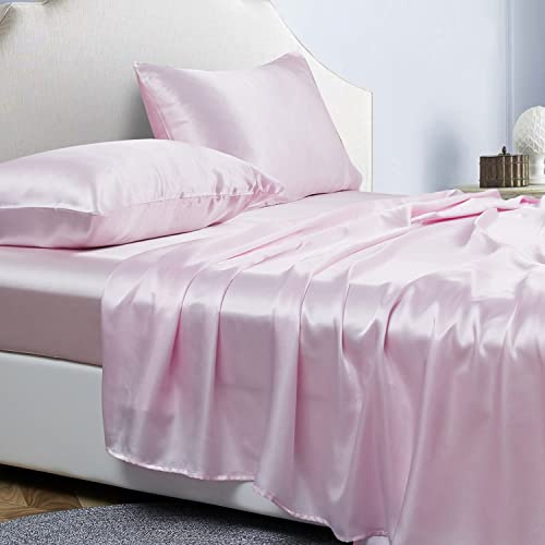 Jemiipee Completo Lenzuola Raso Piazza e Mezza Rosa Chiaro Tinta Unita 150x200x36 cm - Lenzuola Sotto con Angoli Matrimoniali, Lenzuolo Sopra, 2 Federe - Biancheria da Letto Satin 4 Pezzi