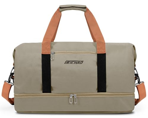Vllcsla Bolsa Deporte Gimnasia Hombre 32.2 L, con Zapatos Compartimento y Bolsillo Mojado, Impermeable Bolsa Fin de Semana Hombre, Bolsas Lona de Viaje Deportiva, Weekend Duffel, Caqui