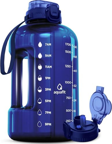 AQUAFIT 2 Litre Water Bottle with Straw - Water Bottles 2L with Time Marker - Half Gallon Big Bottle with Straw - Large Bottle For Gym - Blue, 2-in-1 Lid