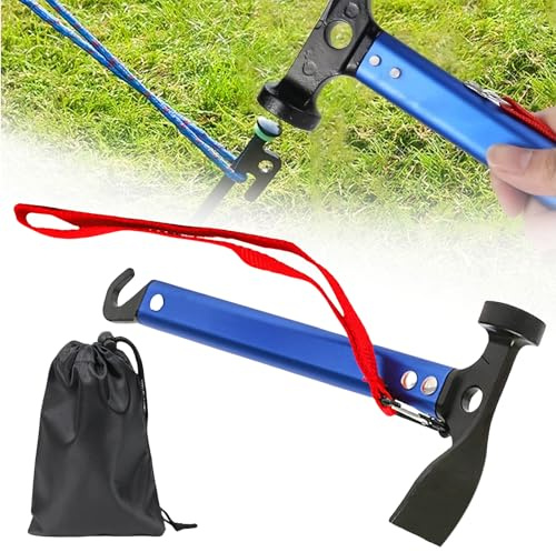 TOATELU Marteau de camping, 30,5 cm, avec crochet et mini houe, marteau en aluminium, marteau de camping d'extérieur, multifonctionnel, avec sac de rangement, bleu