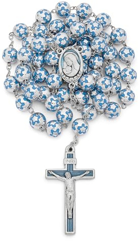 Mondo Cattolico - Rosario Católico del Sagrado Corazón de Jesús con Cuentas de Plata 925 Decoradas con Flores (Azul claro)