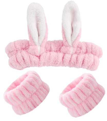 AOEVUIR 1 bandeau à oreilles de lapin cosmétique avec 1 paire de démaquillants pour poignet et femme