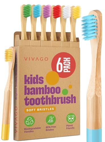 VIVAGO Kids Toothbrush with Soft Bristles 6 Pack - Toddler Toothbrush with Colorful Bamboo Handles // Kids Bamboo Toothbrushes // Kid Tooth Brush // Childrens Toothbrushes Set