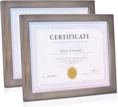 Emfogoo Cornici per foto certificate 2 pezzi, 8,5 x 11, cornici per foto in legno con supporto, per certificati, ritratti, paesaggio, possono essere appese a parete o scrivania (grigio impermeabile)