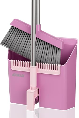 JOYMOOP Set Escoba y recogedor, recogedor y Cepillo con Mango Largo, Escoba sin Necesidad de agacharse para Uso Interior y Exterior, Rosa Pastel y Rosa Sakura