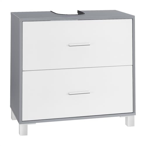 eSituro Meuble sous Lavabo Salle de Bain, Meuble sous Vasque, avec 2 Tiroirs, Découpe de Siphon 15x20 cm, en Bois d'Ingénierie E1, Pieds Surélevés, Blanc+Gris, 60x30x60 cm