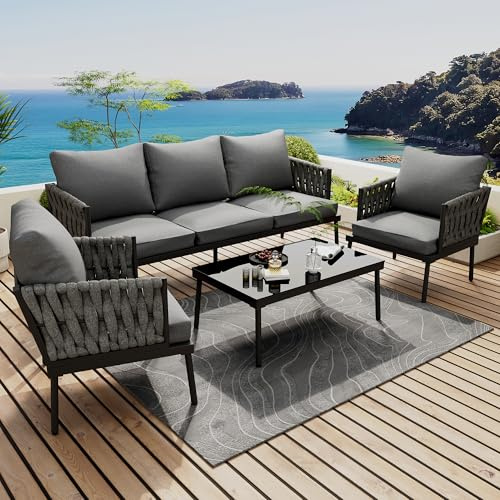 Oslghy Conjunto Jardín Exterior, Salón de Jardín, Conjunto Terraza de Muebles de Balcón Lounge 4 Piezas, Mueble Conjunto de Patio para 4 Personas con Sofá de 3 Plazas, 2 Sillones y Mesa de Cristal
