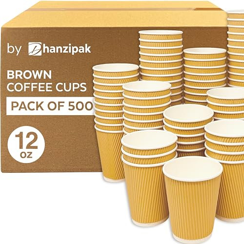 DHANZIPAK 500 x 12oz Ripple Wall Brown Kraft Paper Cups | Triple Wall Insulated Disposable Coffee Cups | Leak-Proof & Recyclable | Hot Drink Takeaway Cups for Coffee Shops, Events, Office & Home Use