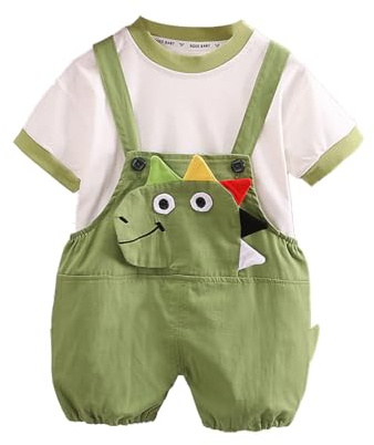 HEOXIN Completo Bambino Neonato, Maglietta a Maniche Corte Per Bambini + Pantaloncini con Bretelle Dinosauro 3d, Vestiti Neonato Maschio Estivi Autunno, Verde, 4-5 Anni