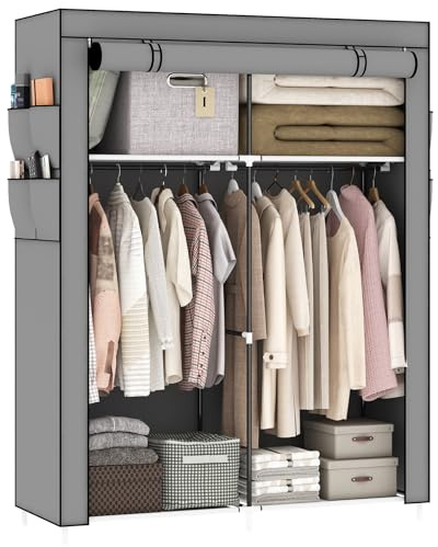 OPPAIYA Canvas Wardrobes, Fabric wardrobe for bedroom With 2 Hanging Rails, 4 Storage areas、8 Side Bags, 165 * 45 * 105cm Temporary wardrobes, Pop up wardrobe - Gray
