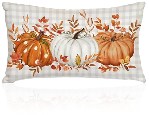 ELNX Fundas de Cojín de Calabaza | 30x50cm Calabazas Hojas de Arce Otoño | Decoraciones Otoñales para Sofá Cama Hogar (Diseño a Cuadros)