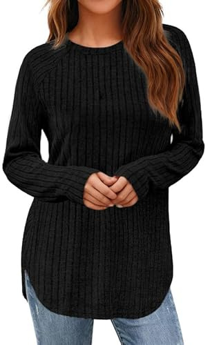 Sukiglam Maglione Donna Maniche Lunghe Girocollo Maglioni a Coste Elegante Pullover Morbido e Elastico Top Tunica Casual Maglione Lungo per Leggings Autunno Invernali Felpa Tinta Unita