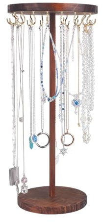 arricraft Organisateur de Bijoux Rotatif en Bois Présentoir à Bijoux Rotatif en Bois avec crochets Métalliques et Plateau pour Colliers Bracelets Boucles D'Oreilles Présentation et Vente