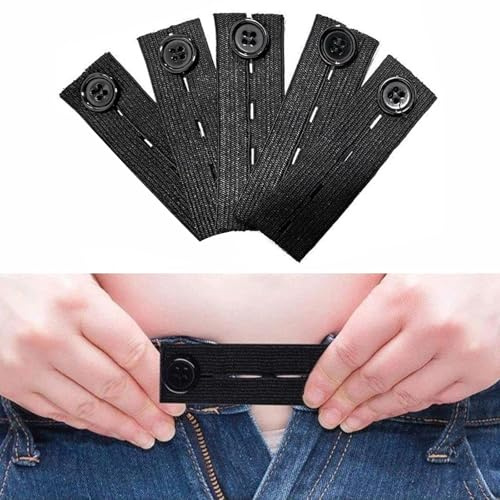 5 Stück Hosenbunderweiterung, 25 x 82mm Elastische Taillenverlängerungen, Hosen Knopf Verlängerung, Einstellbar Knopfverlängerung Bund-Expanders Männer und Frauen für Jeans, Hosen (Schwarz)