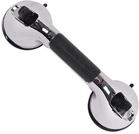 CAREX Ultra Grip Shower Grab Bar - Shower Handle and Bathroom Bar - 12 Inch Safety Bar With Dual Locking Suction Cups For Bathtubs and Showers, Chrome