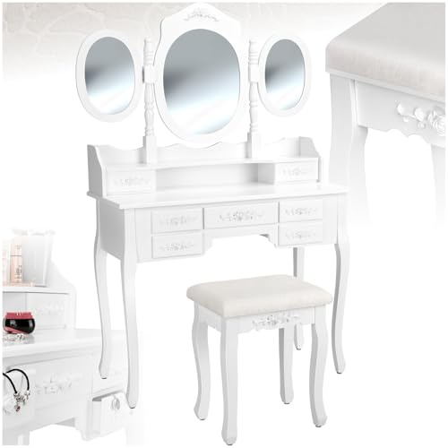 tectake® Toletta da Trucco, Tavolo con Specchiera, Girevole, 360°, Specchi Laterali, Sgabello Imbottito, 7 Cassetti per Cosmetici, Dimensioni 90x40x145cm, Finitura Lucida - Bianco