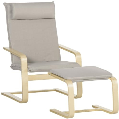 HOMCOM Sillón con Reposapiés Respaldo Alto Reposacabezas Extraíble Gris | Sillón Lectura, Patas de Madera, Tapizado en Lino, Butaca para Salón Dormitorio Oficina