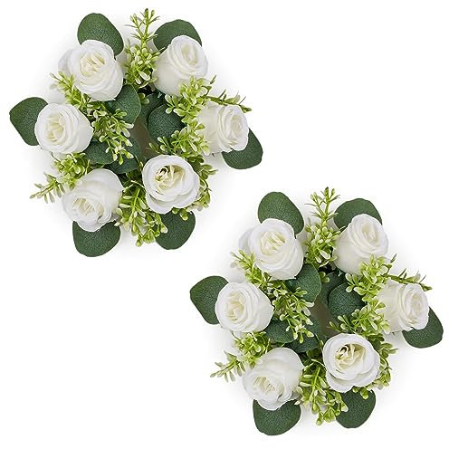 NUPTIO Artificial Flowers Wreath for Decoration - 2 Pcs 22cm Diameter Small White Fake Roses Wedding Centrepieces for Tables Spring Summer Wreaths for Front Door Weddings Party Ceremony