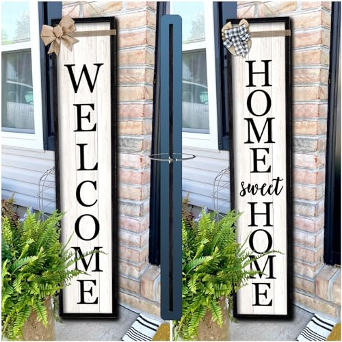 Surfapans Outdoor Welcome Sign for Front Porch Standing Large 2 Sided 45X9 Wooden Frame Tall Vertical Leaner Long Home Sweet Home Front Door Sign for Rustic Outside Farmhouse Modern Decor (Black)